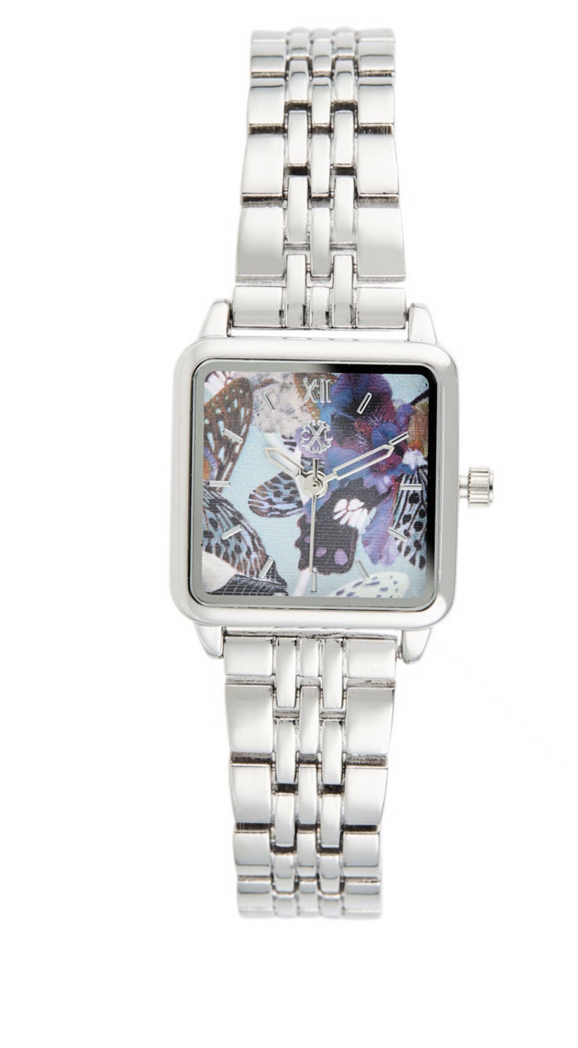Montre argentée carrée fond noir violet