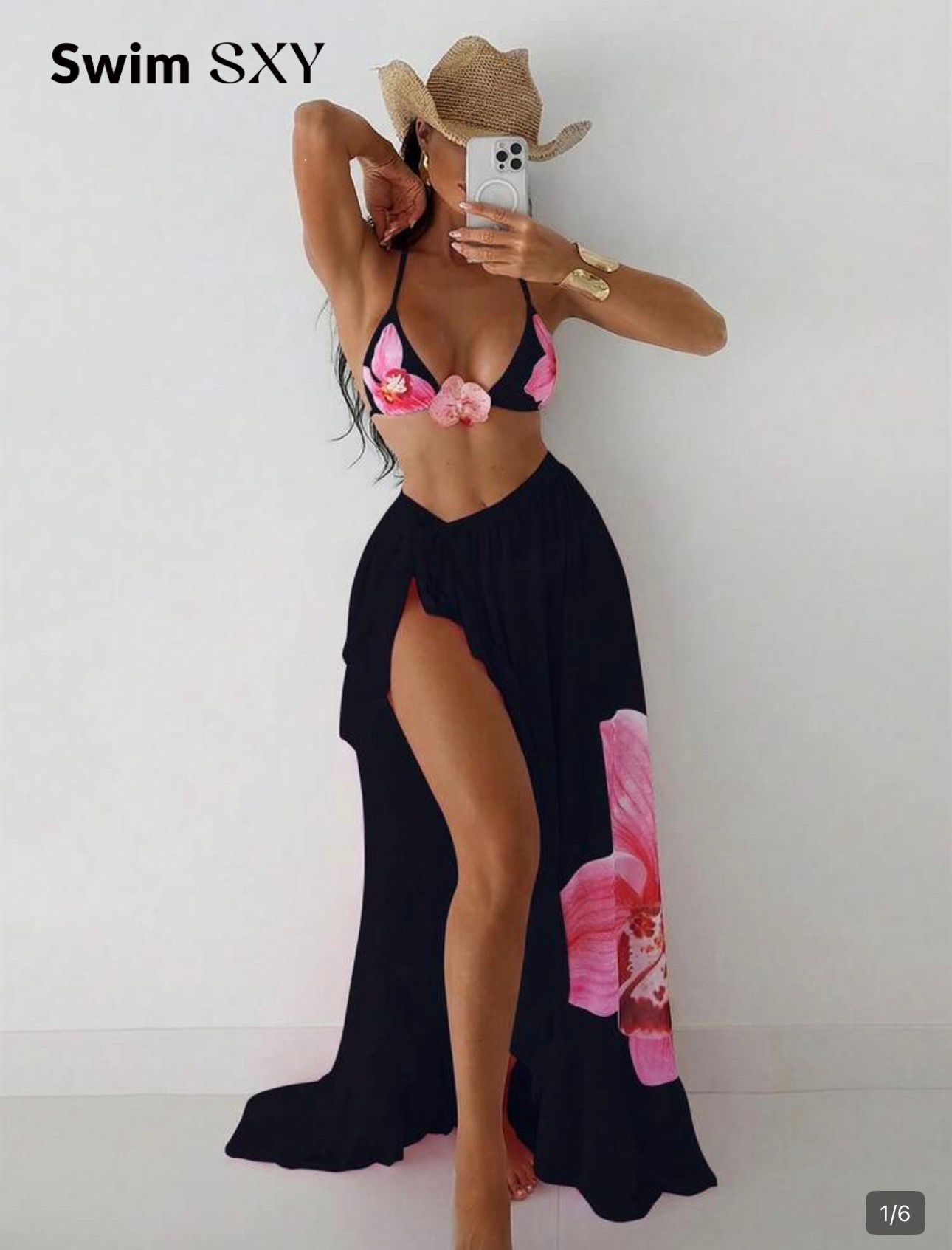 Ensemble bain noir fleur rose