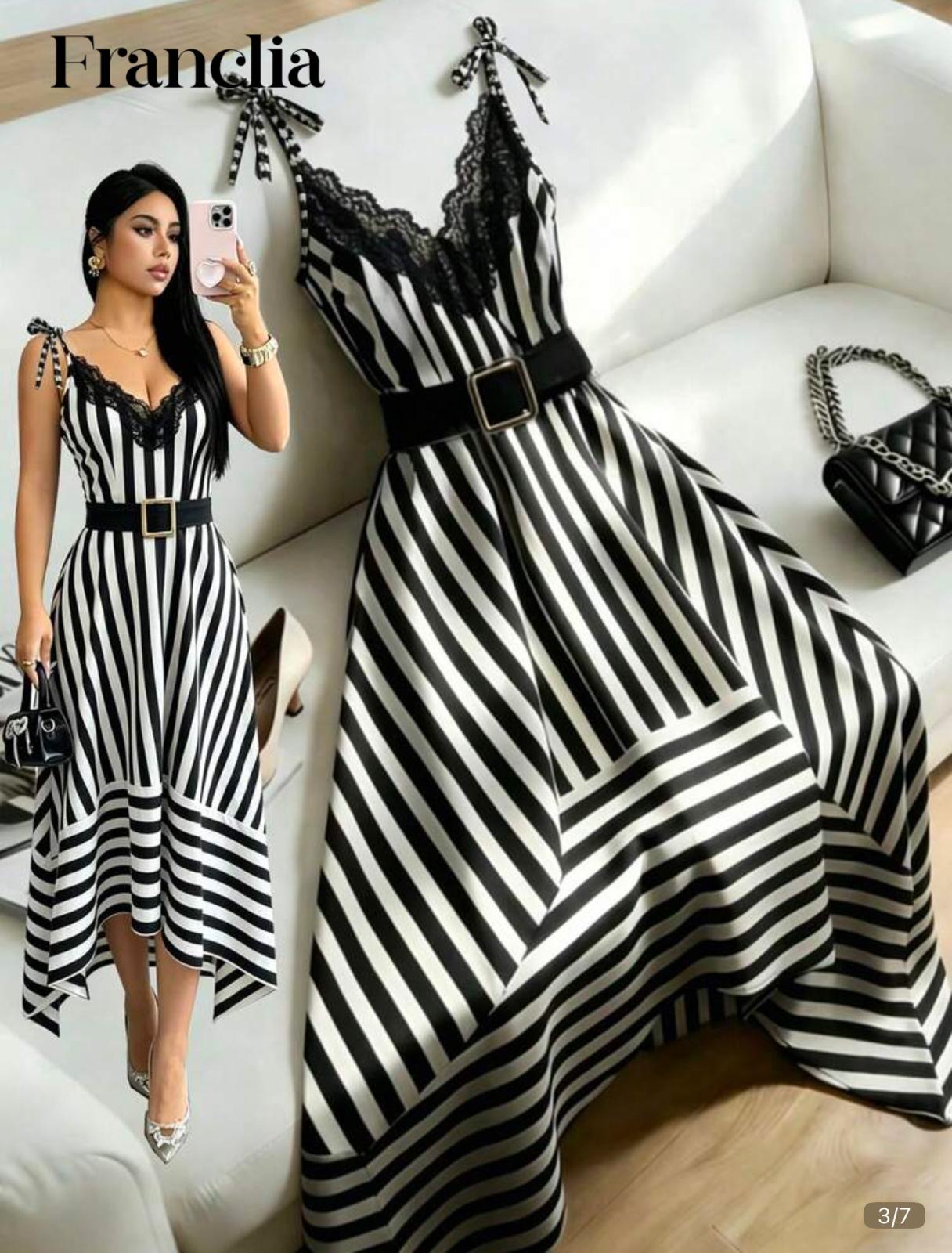 Robe en soie noire à rayure