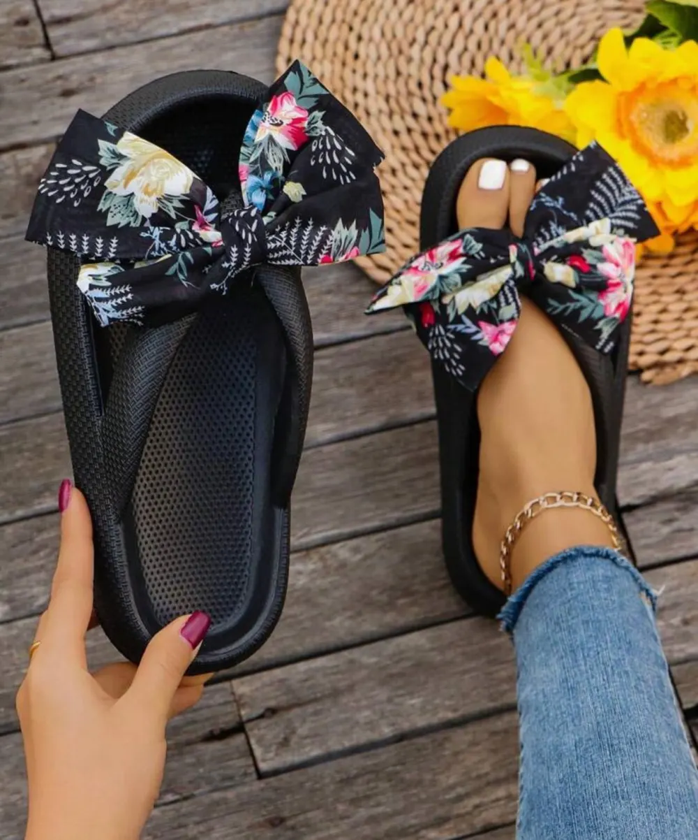 Sandale noir plage fleur S