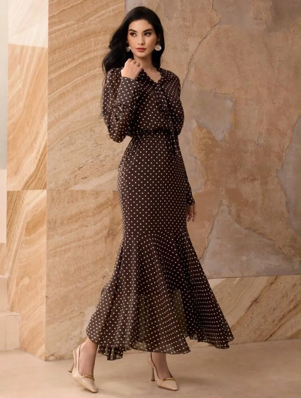 Robe à pois marronne blanc - 2