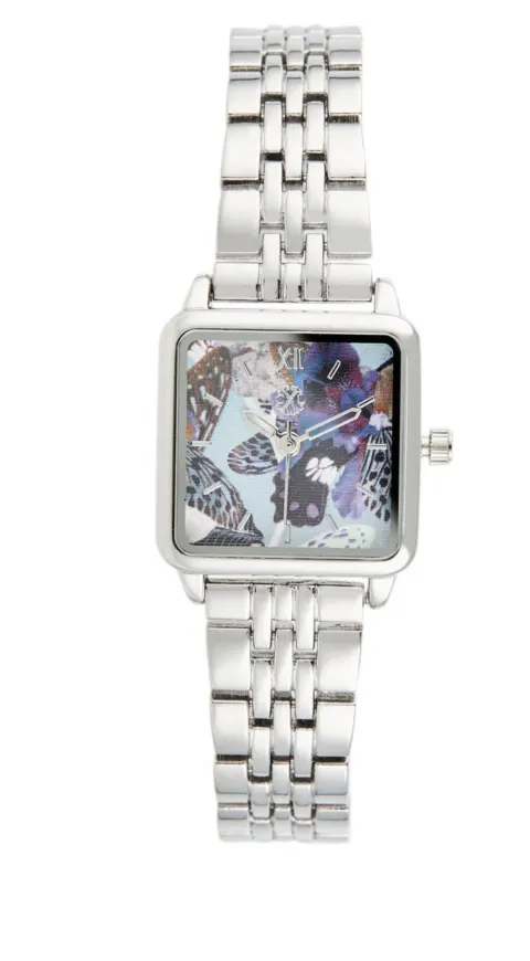 Montre argentée carrée fond noir violet